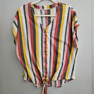 Bobbie Brooks 2X Vertical Striped Shirt With Button Detail & Knotted Bottom